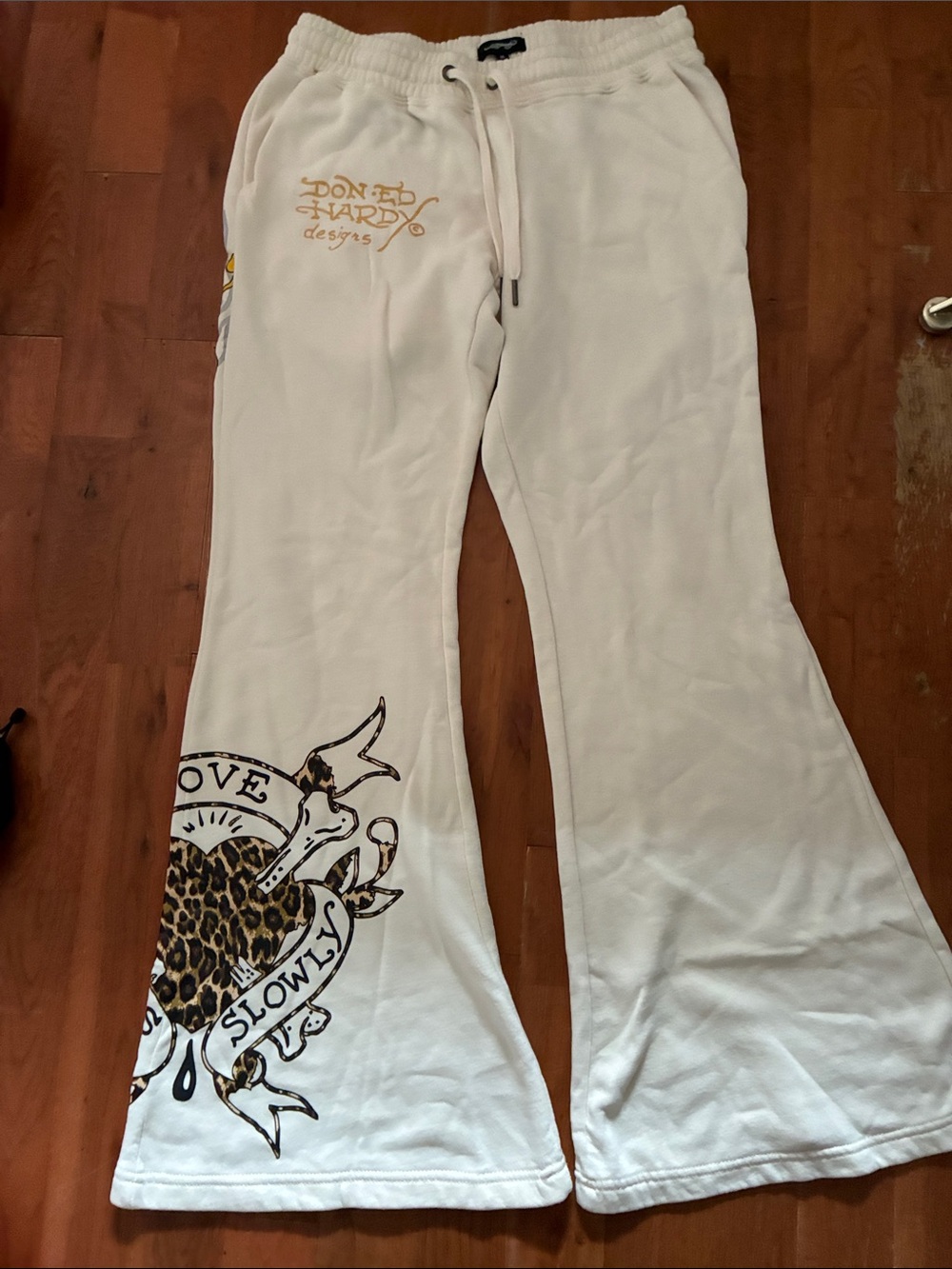 Ed Hardy Kids Cream Flared Sweatpants with Leopard Heart Graphic
